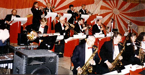 Another view of the band, including the vibes, electric bass, and entire trumpet section; Kay plays lead alto.