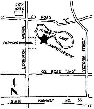 The band shell is between County Roads B-2 and C, just east of Lexington Avenue.