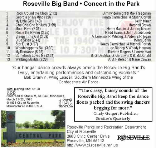A sign at the park entrance beckons the audience to enjoy sounds of the 1940's in Roseville's Central Park band shell.