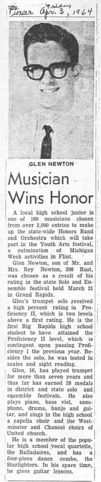 Picture of Glen with article dated April 3, 1964.