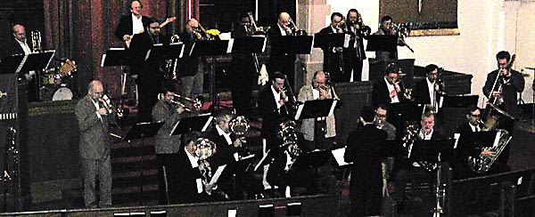 The trombone choir achieves tonal variety with euphoniums and a tuba.