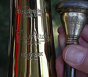 Detail of the bell engraving and mouthpiece