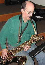 Mark plays an F on his 1932 "fingernail filer" Conn bari sax.