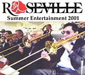 Roseville Summer Entertainment 2001 title with the trombones below, playing outdoors in tuxes. Bigger picture is 75K.