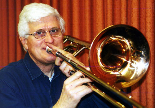 Fred plays his large bore F-trigger trombone.
